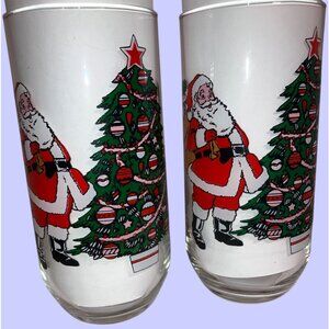 Vintage Christmas Santa Claus Reindeer Glass Tumblers Set Of 2 Festive Drinkware